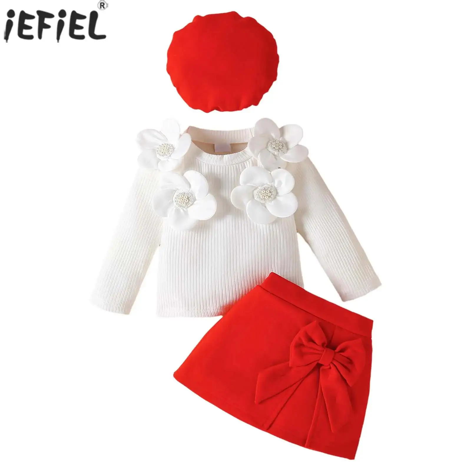 

Toddler Baby Girls Clothes Long Sleeves 3D Flowers Ribbed Tops with Bow Skirt And Hat for Banquet Birthday Party Photography