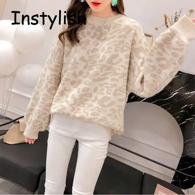 Winter Thick Warm Turtleneck Pullover Women Leopard Print Loose Sweater Vintage Harajuku Knitted Top Streetwear Oversized Jumper