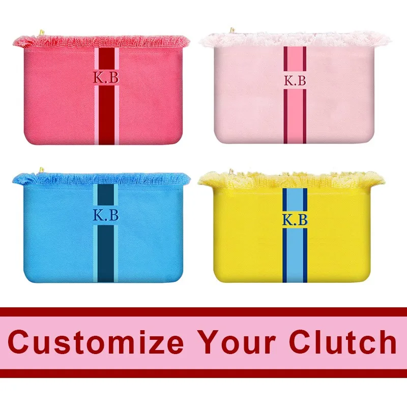 Customizable Letter Vertical Stripe Leisure Personality Tassel Design Canvas Women\'s Clutch Office Gifts Beach Holiday Bag