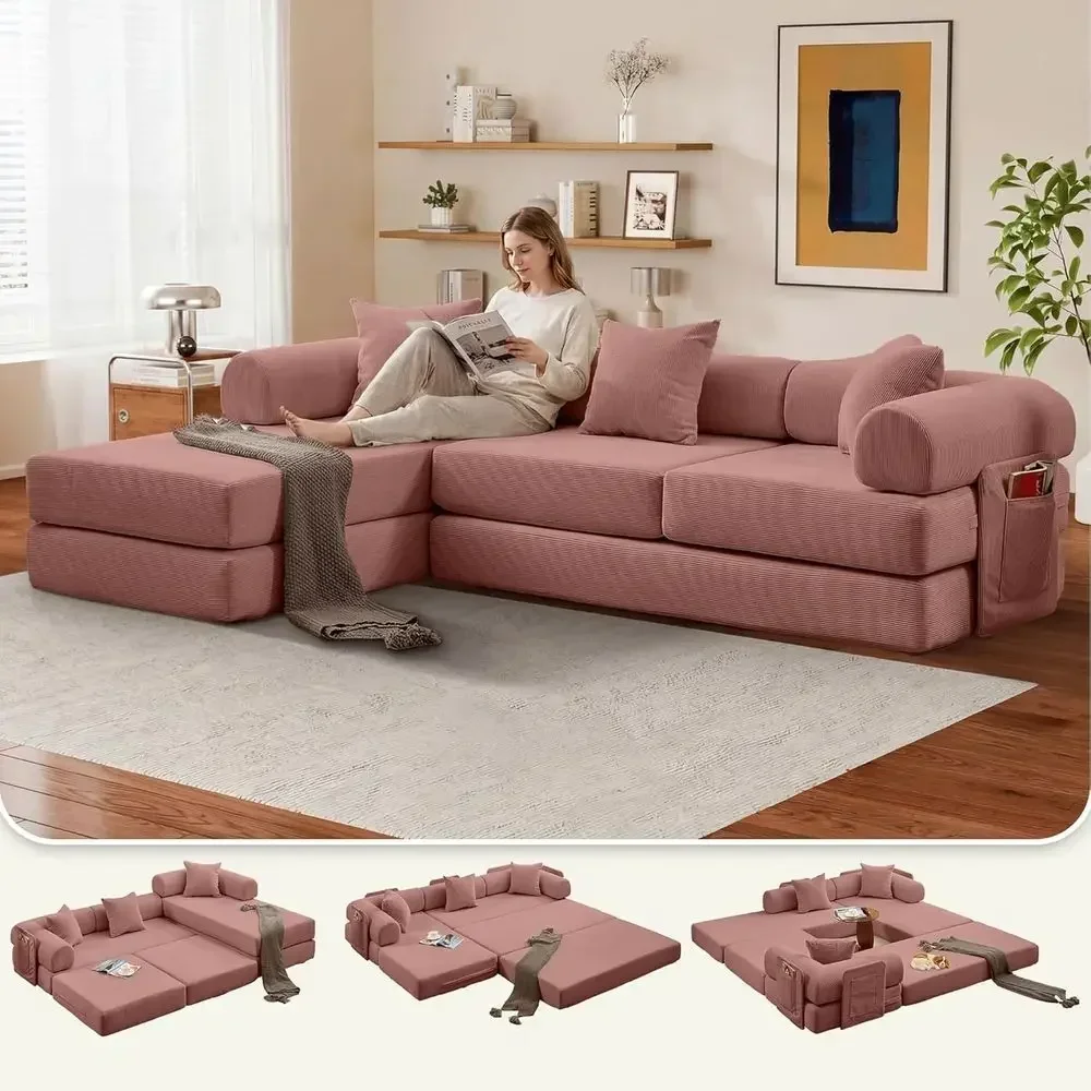 ular L Shaped Soa Bed with Cylindrical Pillow & Reversible Chaise, Corduroy Convertible loor BonelSoa Couch Bed with ixed-Shap&