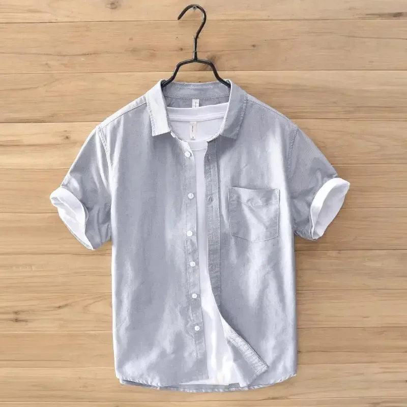 

Summer Mens Shirt Daily Casual Dress Shirts Men Square Pocket Short Sleeve Shirt 100%Cotton Button Up Shirt Simple Versatile Top