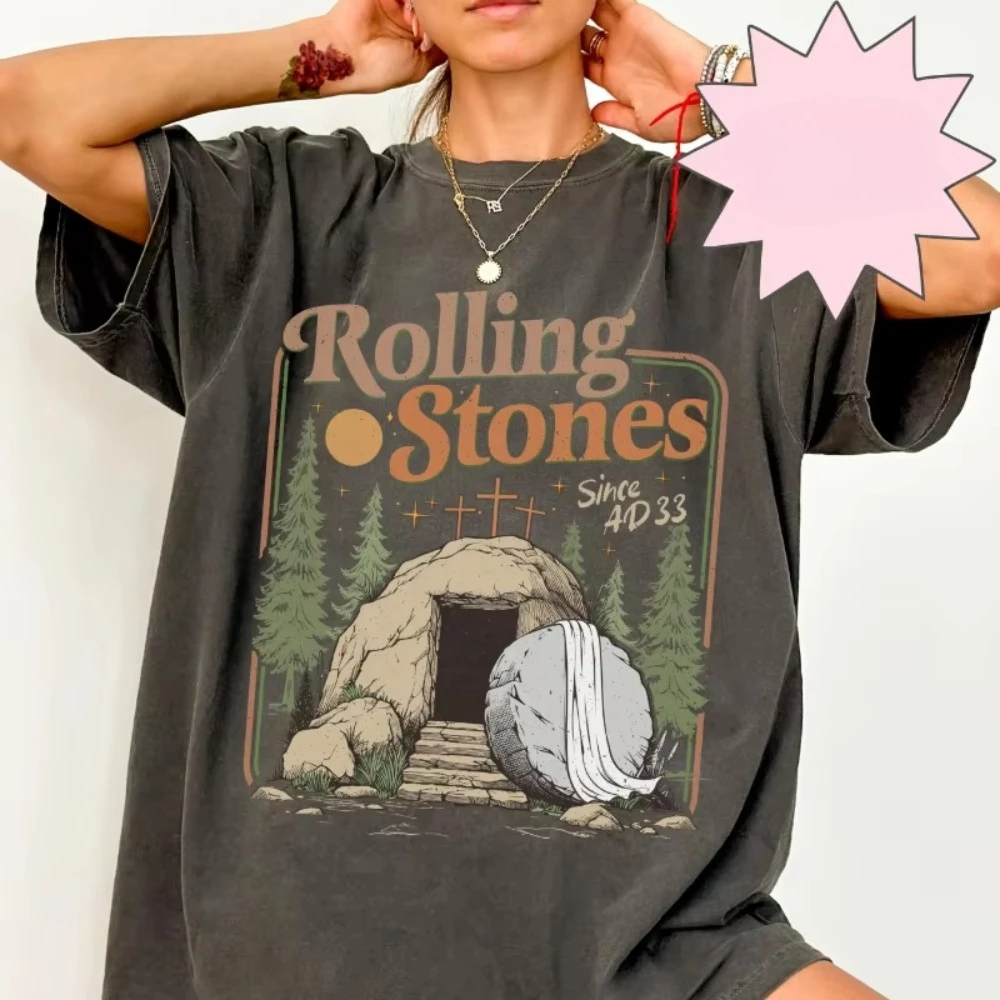 Camiseta Rolling Christian, Ropa de Moda con Estampado de Piedra para Pascua, Atuendo Casual Diario de Moda Urbana