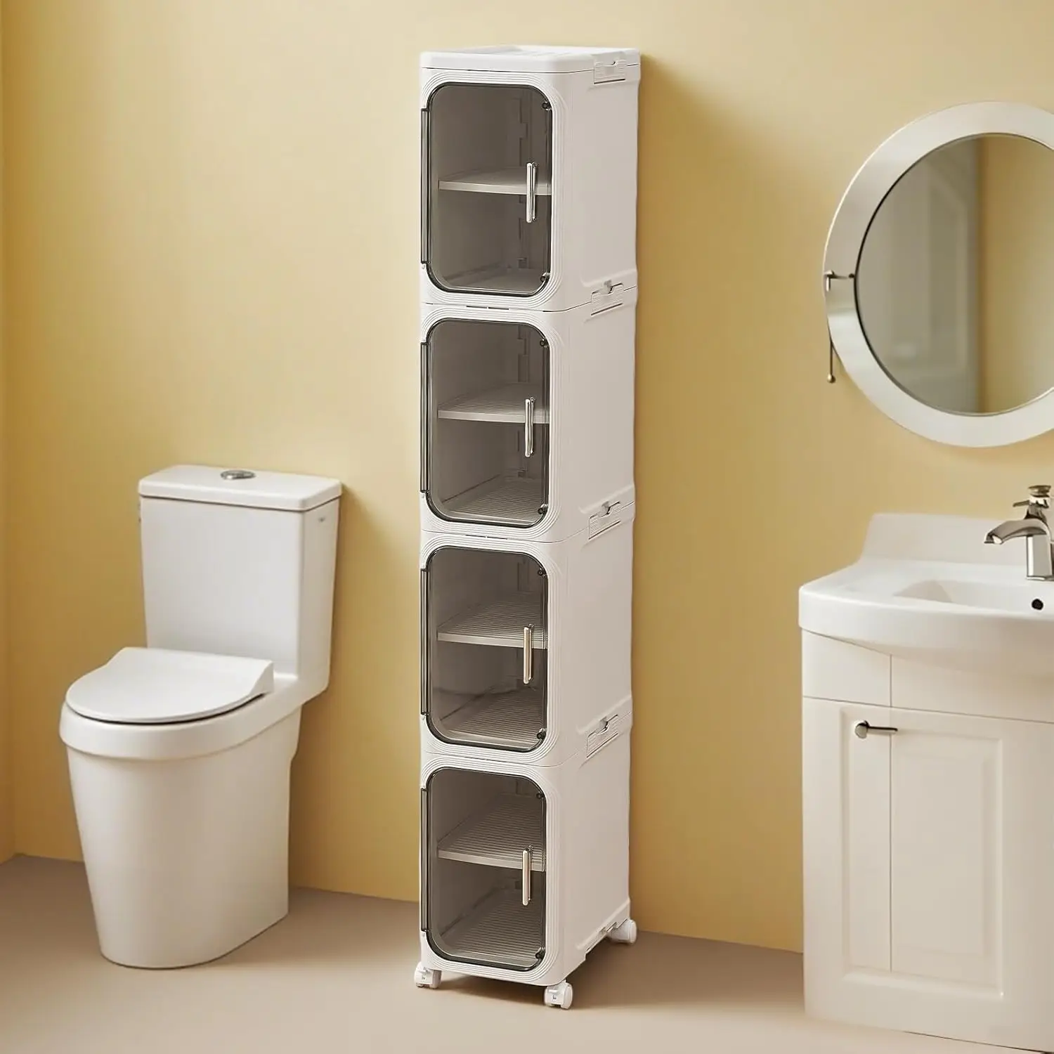 

4-уровневый пластиковый узкий шкаф для ванной комнаты с магнитными дверцами, передвижными колесами, складными узкими органайзерами и возможностью индивидуальной настройки