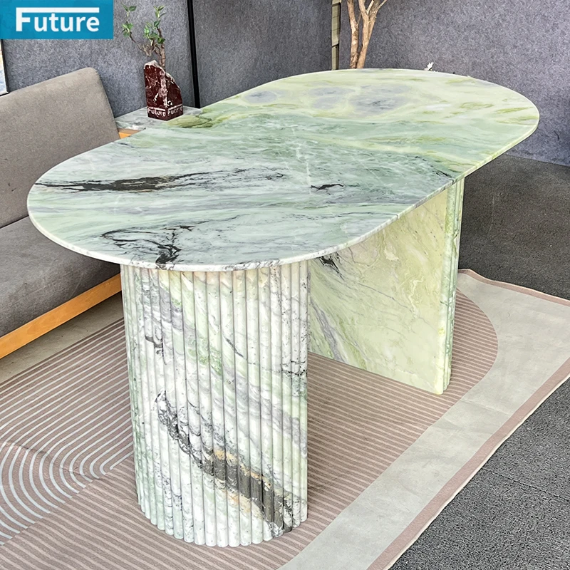 Oval Top 100% Natural Light Green Marble for 6 Seater Dining Table with Tall Modern Legs for Villa Mansions Apartment Hotel