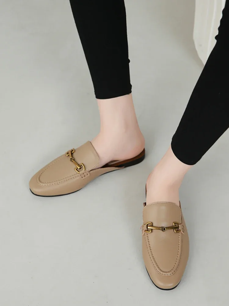 MOOQDAAX 2024 New Spring Summer Fashion Buckle Design Women  Shoes Genuine Leather Flat Shoes Loafers Mules Simple Casual Women