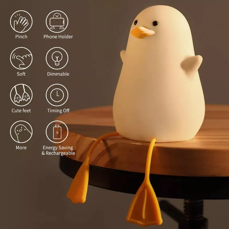 Duck Lamp Cute Duck Night Light USB Rechargeable Dimmable Nightlight Silicone LED Bedside Lamp with Touch Sensitive for Bedrooms