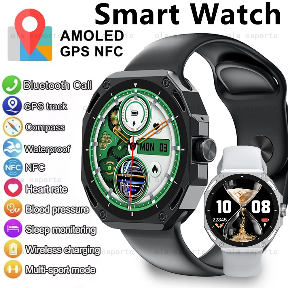 

Смарт-часы для здоровья, мужские NFC GPS-компас, пульсометр, мониторинг кислорода в крови, AMOLED-экран, умные часы IP68, водонепроницаемые спортивные часы