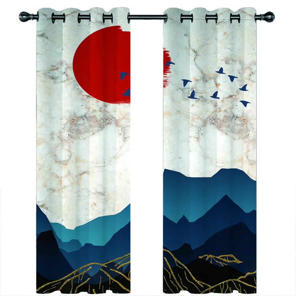 

HUANZHUANG Living Room Curtains 2 Pieces Fashion Abstract Sunrise Mountain Landscape Mount Digital Printed Curtains Polyes