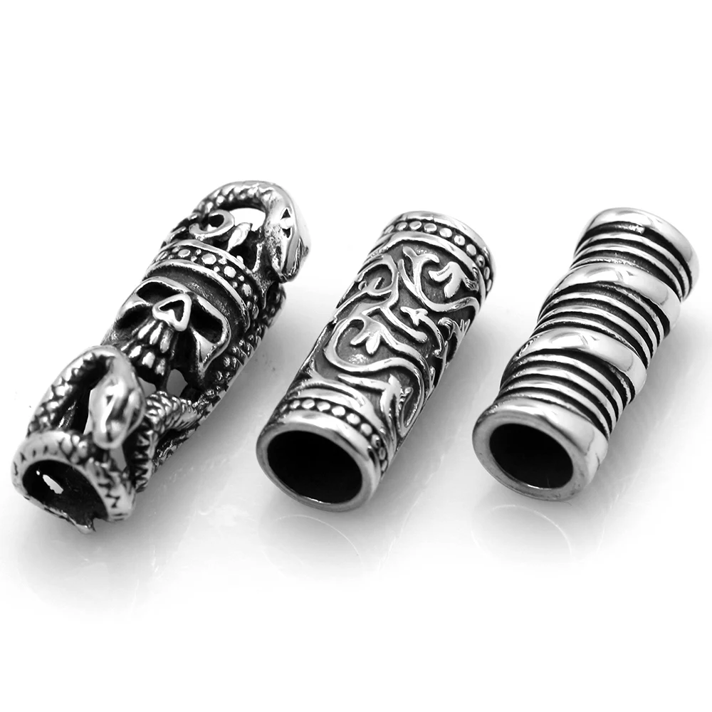 2pcs Stainless Steel Hole 6mm Skull King Snake Tube Beads Slider Charm DIY Men Leather Cord Bracelet Making Jewelry Accessories