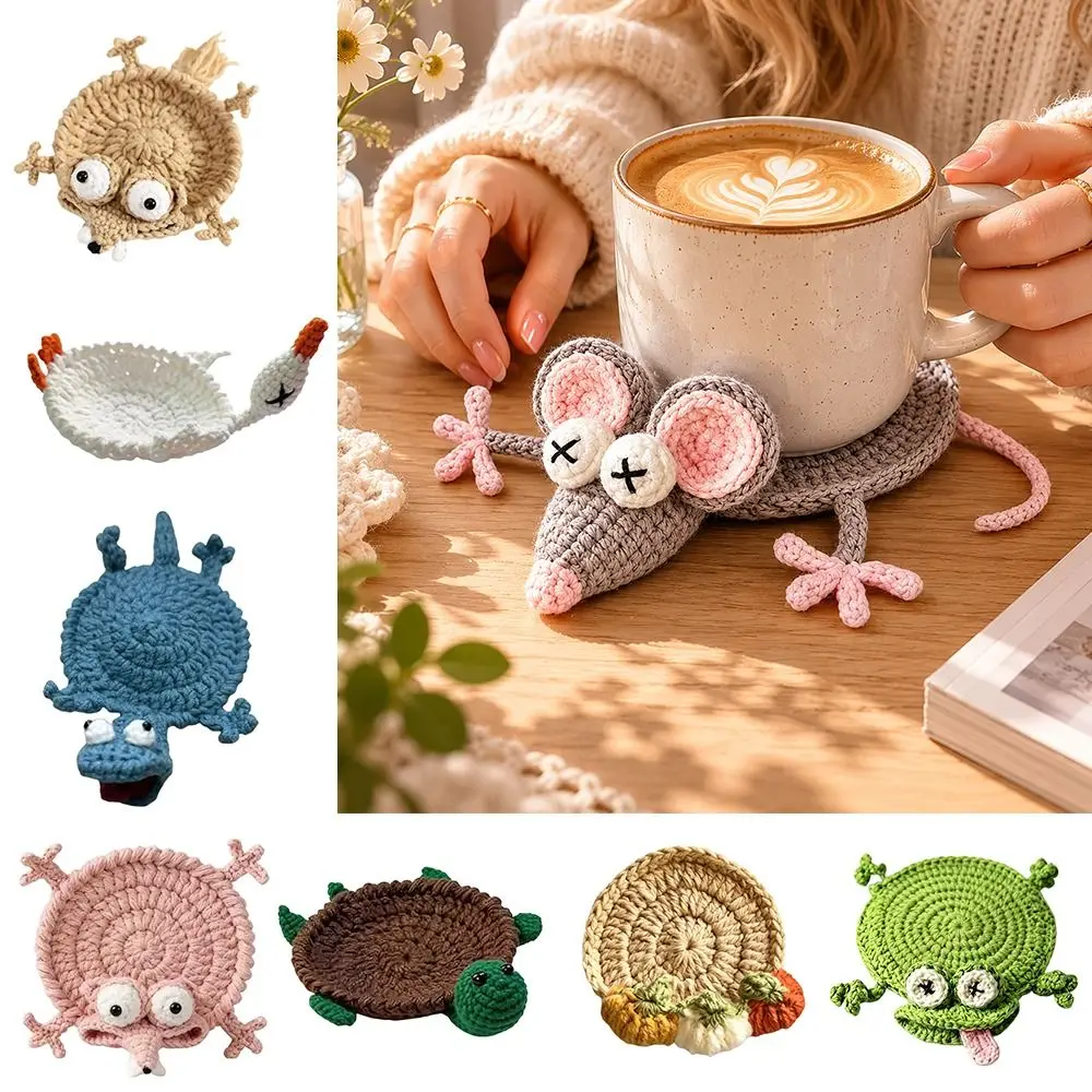 Handmade Crochet Craft Crochet Animal Coaster Non-slip Base Animal Shape Design Knitted Drink Coaster Creative Cartoon Style