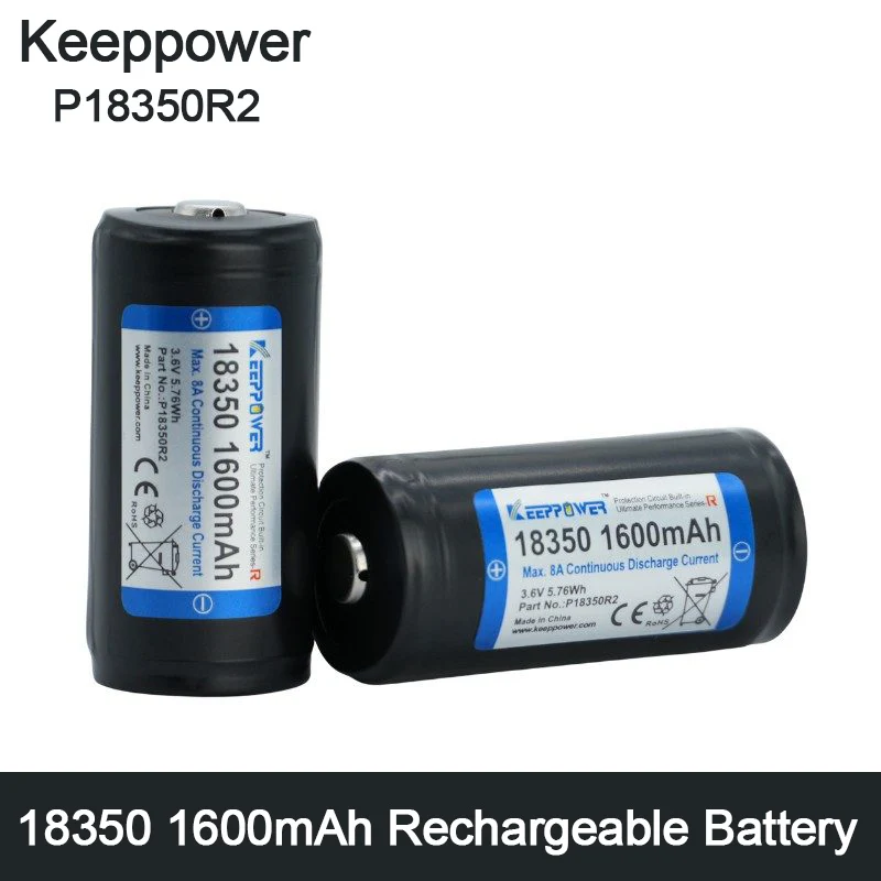 

Аккумулятор Keeppower P18350R2 1600 мАч, литий-ионный, перезаряжаемый, с защитой, типоразмер 18350