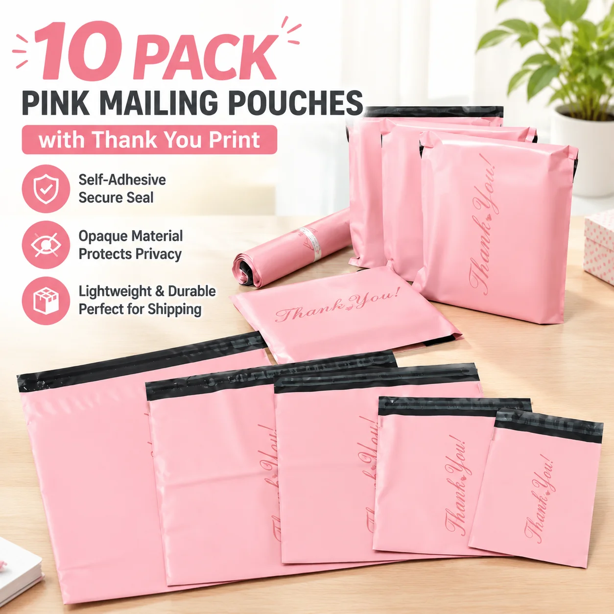 10 Pack Pink PE Self-Adhesive Opaque Mailing Pouches with Thank You Print for Courier Logistics Storage