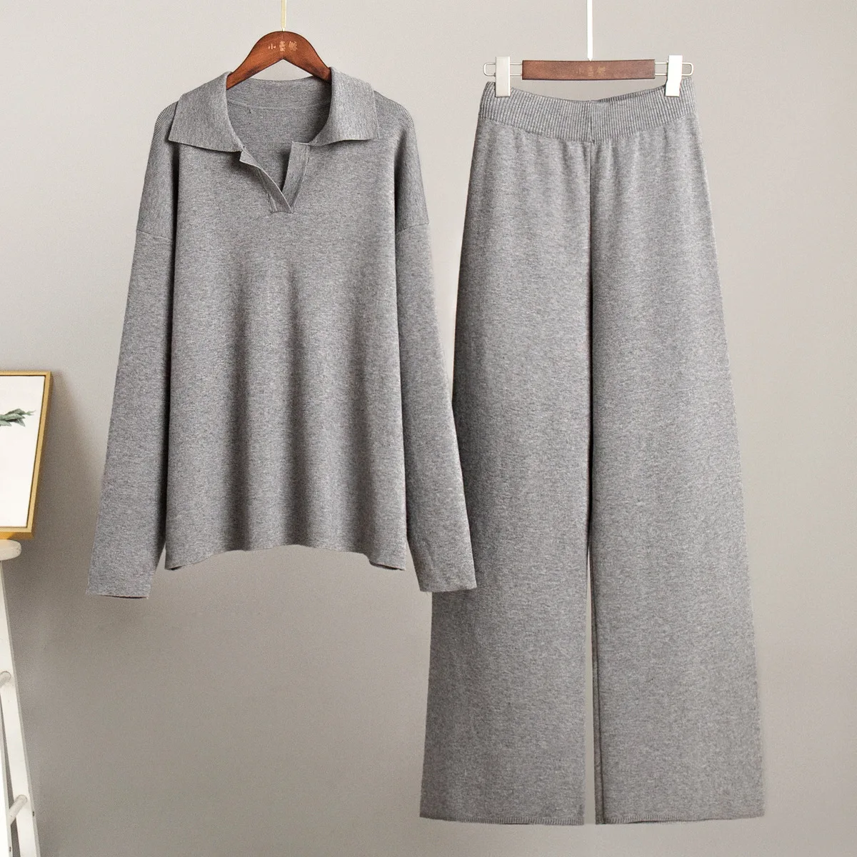 B Winter Autumn Thick Women Knitted Suits Soft 2 Pieces soft Female Sets Polo Neck Sweater & Wide Leg Pants Knitted Outfit