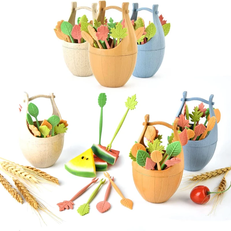 

16pc Children's Wheat Straw Fruit Fork With Storage Bucket Bento Box Decorated Fruit Cocktail Sandwich Dessert, Mini Toothpick