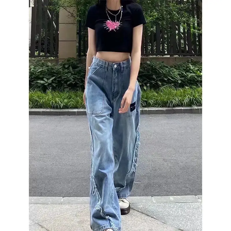 2023 New Vintage Jeans for Women Spring and Autumn Loose Fitting High Waist Personalized Hong Kong Style Floor Mop Pants Trend