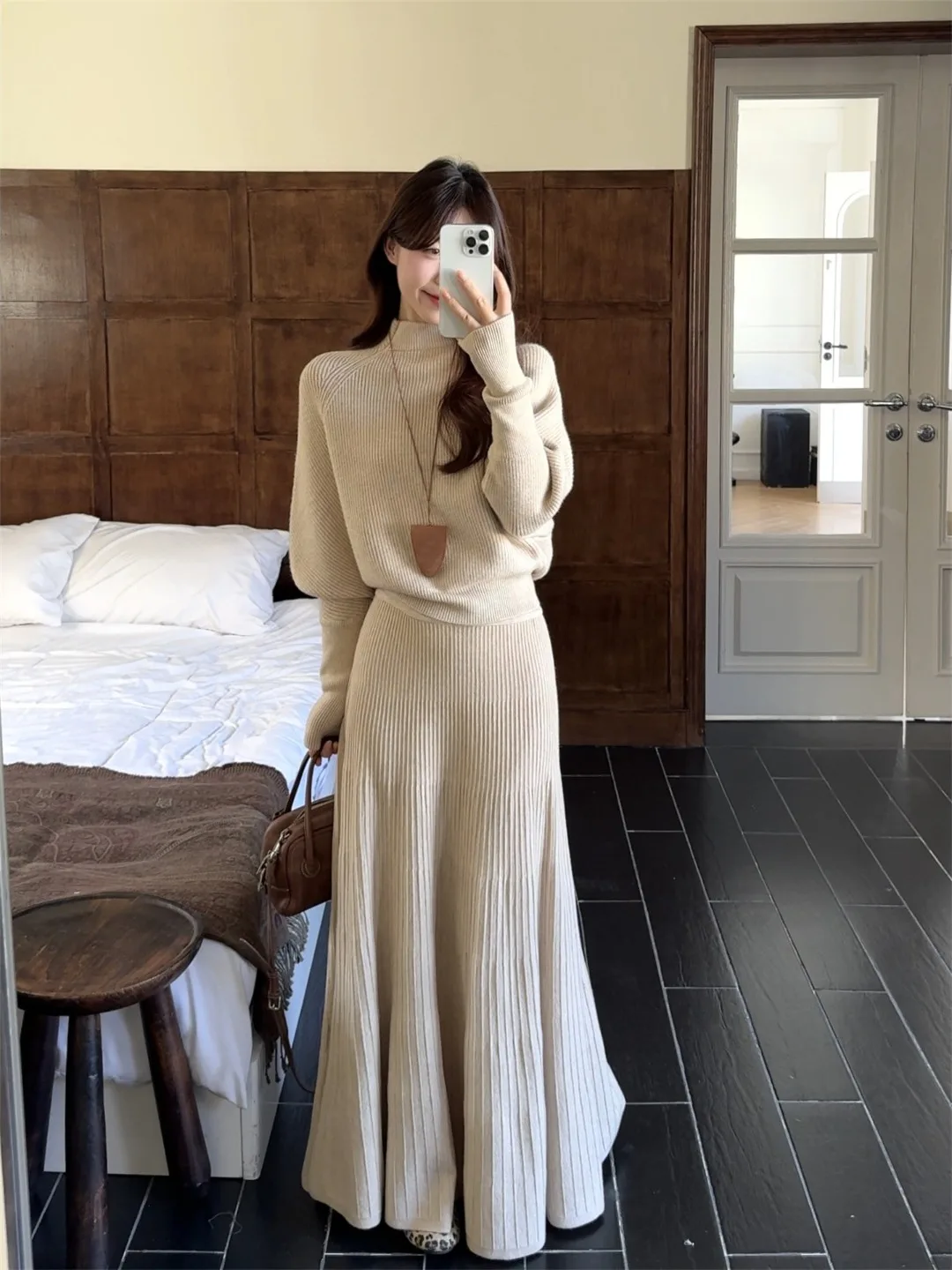 

Fashionable Knitted Set Women's High Collar Batwing Sleeve Sweater Draped Skirt Two-Piece Spring 2026 New Arrival Casual...