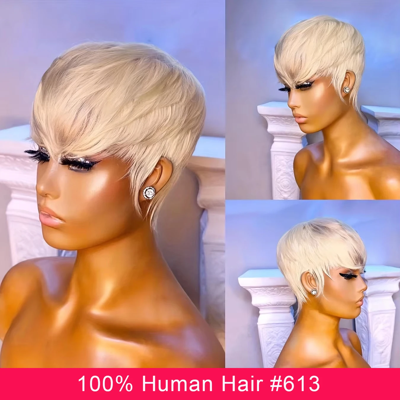 Blond 613 Short Pixie Cut Human Hair Wig With Bangs For Black Women 1B# Brazilian Straight Remy Hair Bob Full Machine Made Wigs