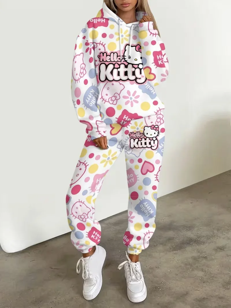 

Popular Sanrio Family Hello Kitty Kuromi Autumn/Winter Street Sweet Cool Hoodie and Pants Set Suitable for Adults and Children