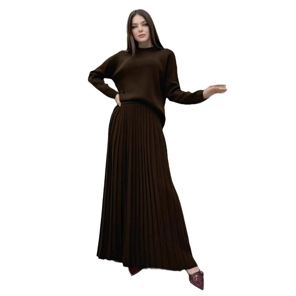 Ensemble pull tricoté et jupe plissée pour femme, couleur Pure, rond, Ne, vêtements de sport décontractés, automne et hiver