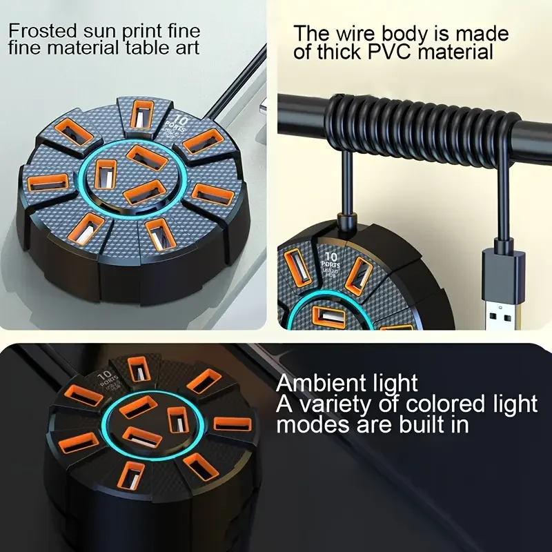 1.2m 7-Port/10-Port USB Hub with Colorful Light Type-C Port for Laptops, Keyboards, Mice, U Disk & Hard Drive Expansion USB Hub