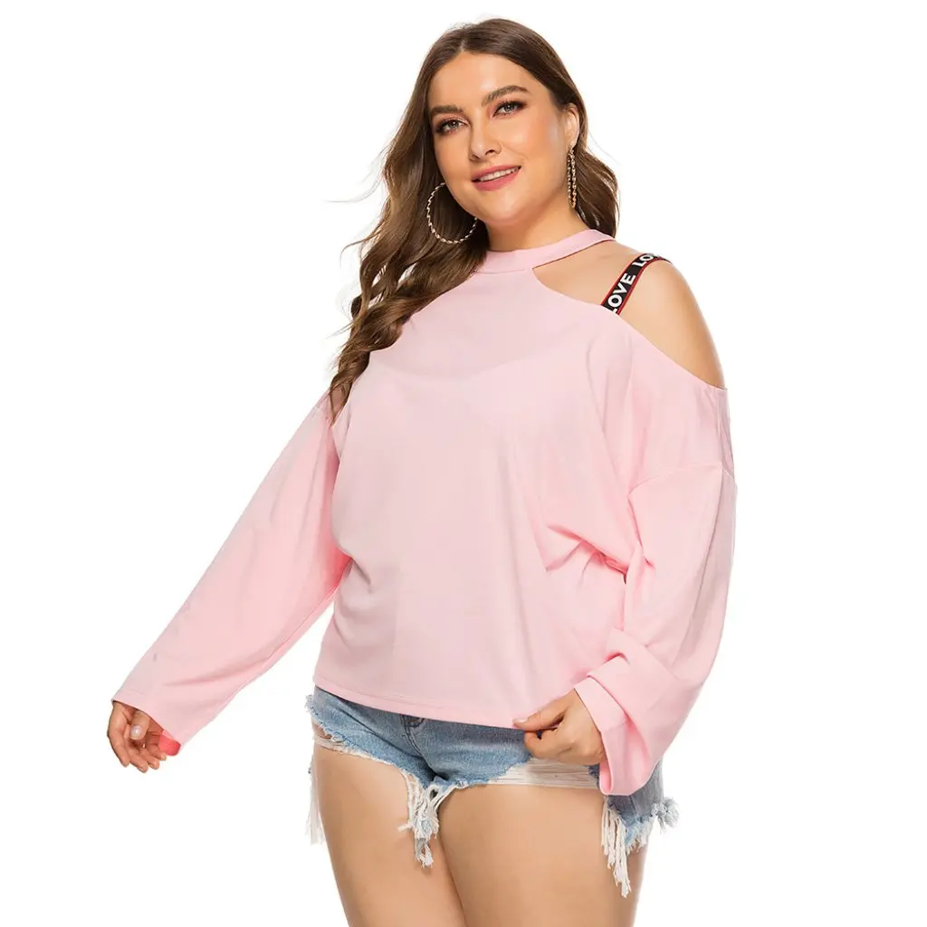 Kaos Wanita Ukuran Besar Model Off-Shoulder Lengan Panjang Warna Polos Trendi Longgar untuk Musim Semi dan Gugur