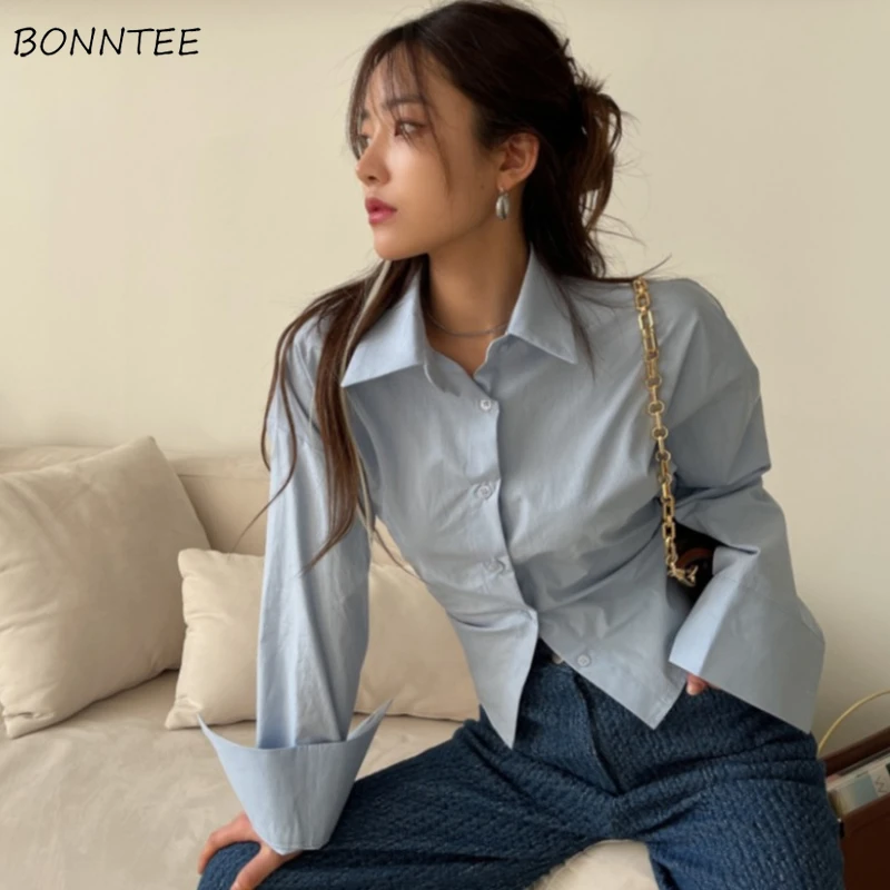 

Turn-down Collar Shirts Women High Street Design Unique All-match Solid Chic Popular Bandage Cropped Ulzzang Trendy Spring Top