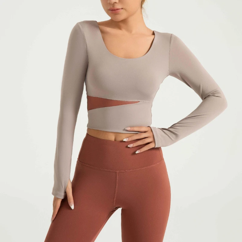 

Active Women Crop Top Peach Color Matching Nude Long Sleeve Shirt Workout Tank Top Women Fitness Women's Gym Clothes Yoga Wear