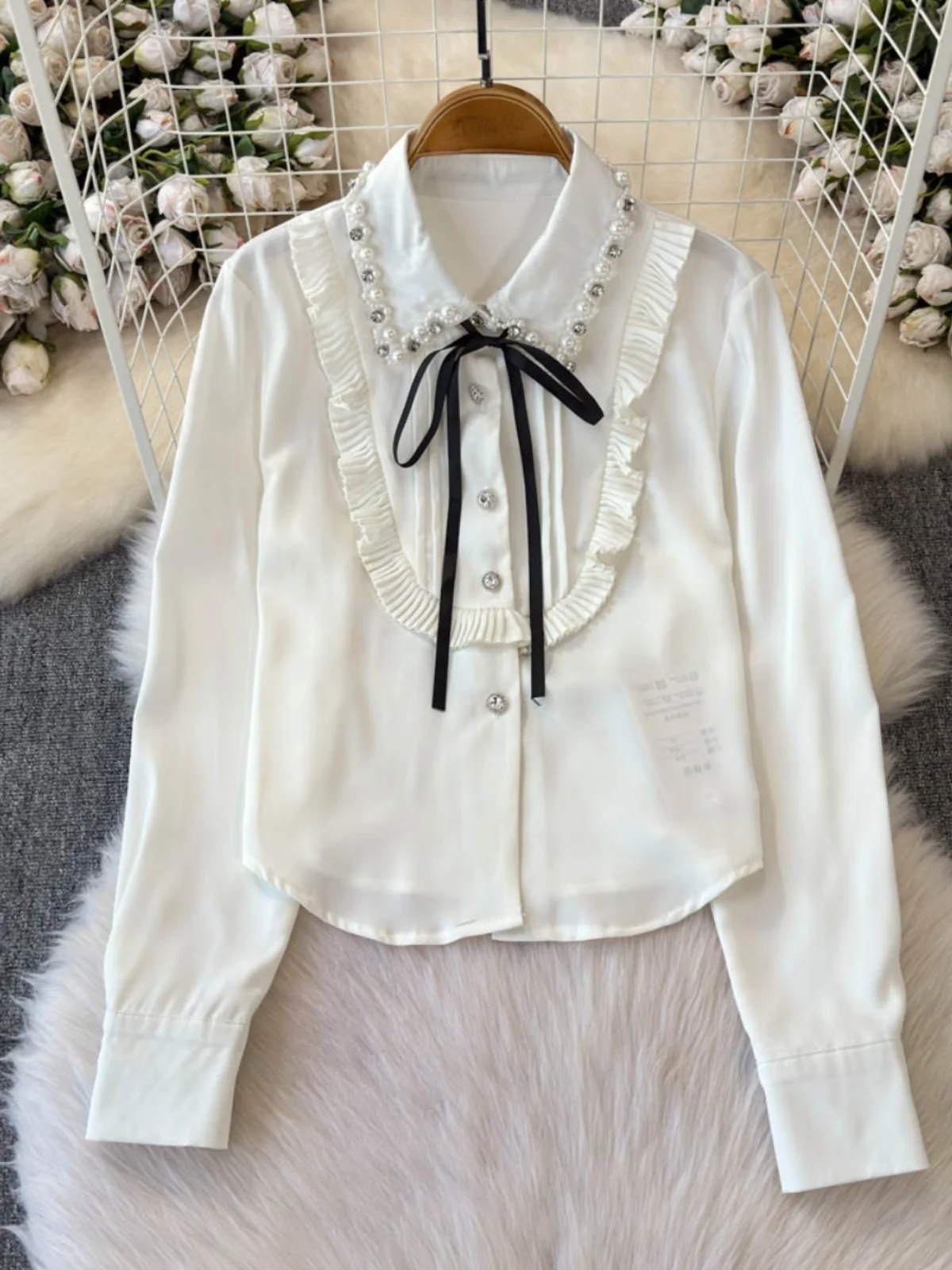 Luxury Crystal White Shirts Women Elegant POLO Collar Shirt French Black Bow Beading Pearls Ruffles Tops