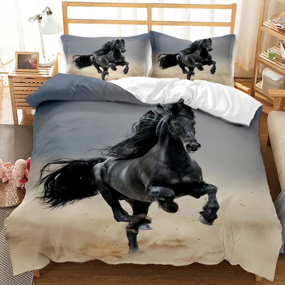 Horse Bedding Set Queen Size,Pony Decorative 2/3pcs Bedding Set Horse Freedom Runs Gallop Farm Print Soft Polyester Duvet Cover