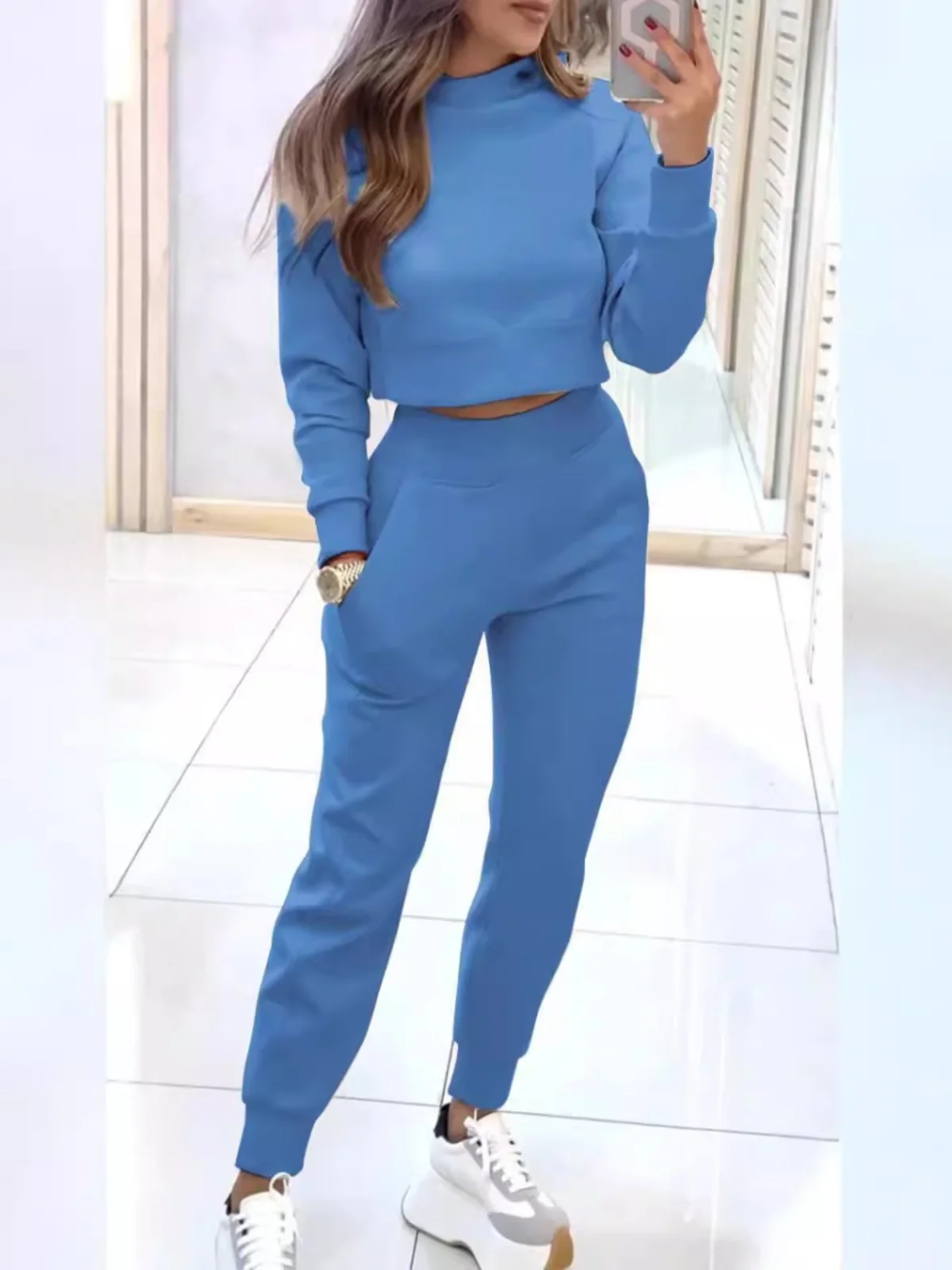

Ele High Collar Slim Fit Long Sve Sweatirt Pants Set New Women's Autumn Winter Slimming Casual Sports Two Piece Set