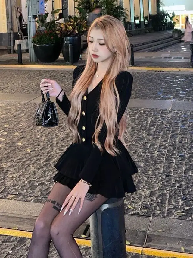 

Autumn Winter New Sle High Waist Knitted Slim Long Sve V-Ne Dr Women's Faion Sensation Pure Desire Spicy Girl Dr