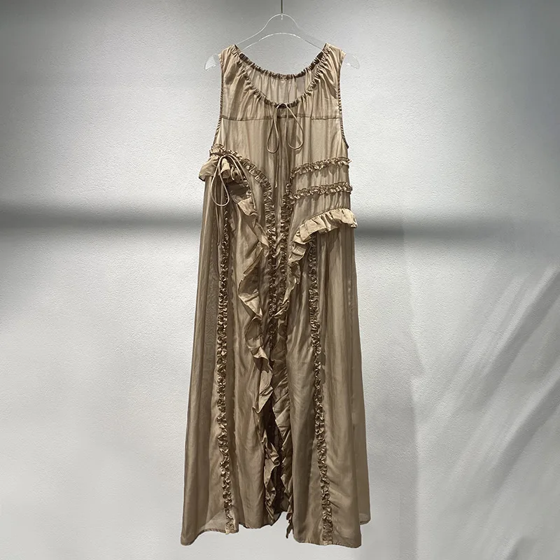 

2025 spring and summer new crew-neck ruffled patchwork long skirt a hundred matching thin sleeveless dress women