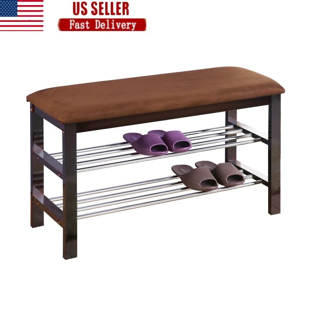 

Multipurpose Shoe Storage Bench with Padded Seat Two-Tier Wooden Rack Entryway Organizer Home Use