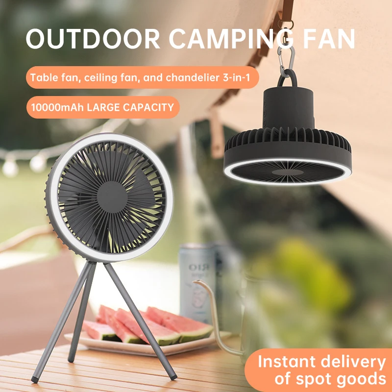 Triangle camping fan light, hanging and standing, portable outdoor table fan, ceiling light, three in one ceiling fan