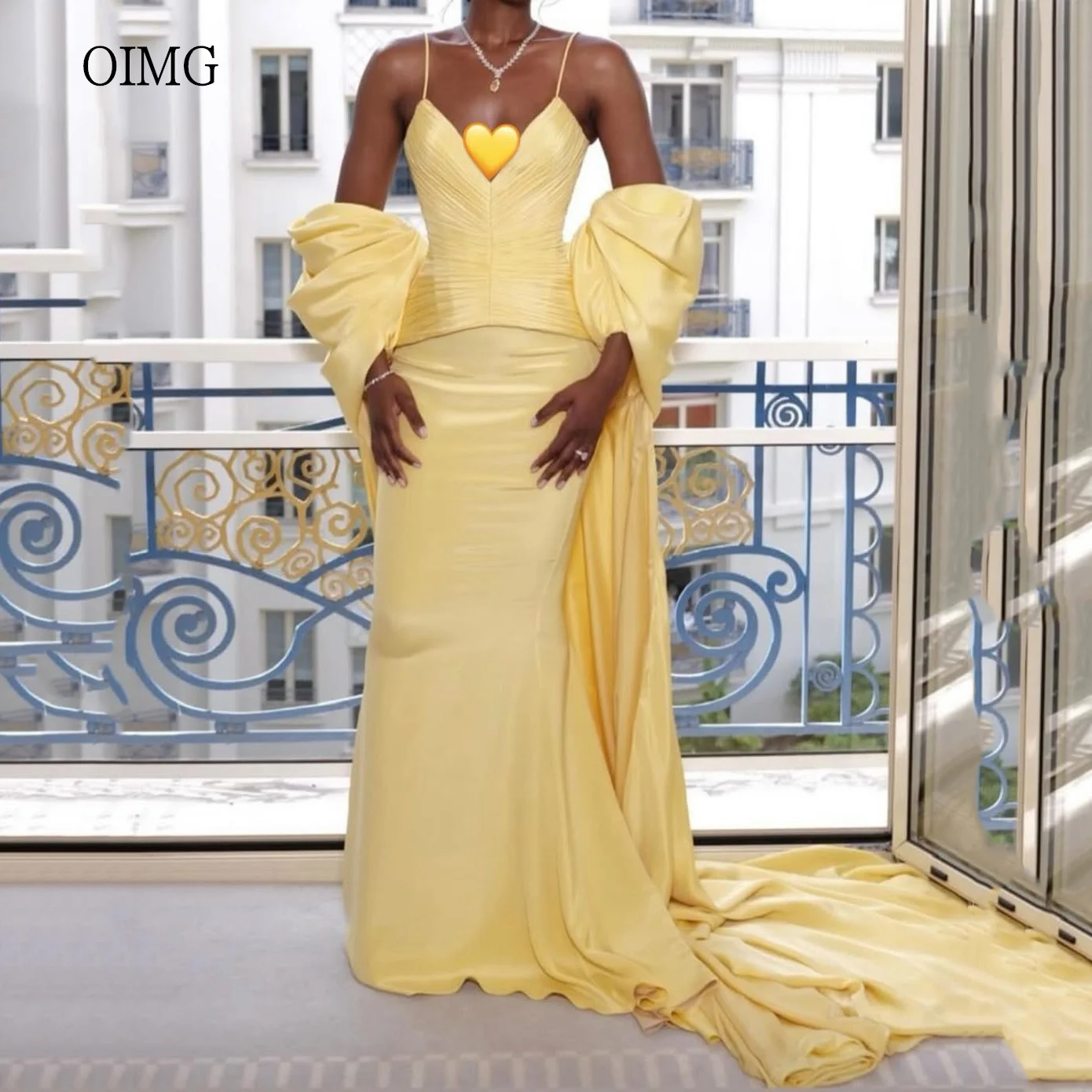 

OIMG Formal Spaghetti Strap Yellow Mermaid Prom Gowns Off The Shoulder Party Gown Floor Length Evening Dress Customized