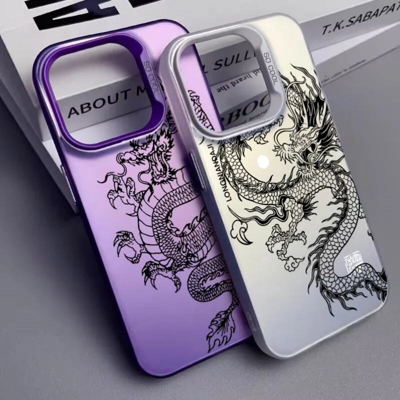 Carcasa con patrón de dragón Retro para IPhone 11 12 13 14 15 16 Pro Max Plus Mini XR X XS Max 7 8 Plus 16E, funda dura IMD con láser