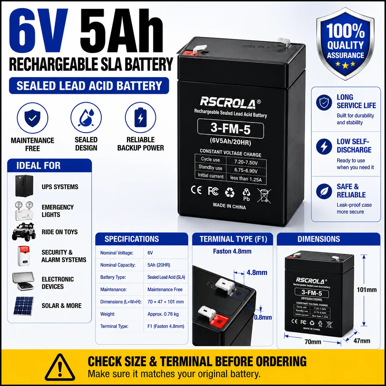 6V 5Ah SLA Battery 3-FM-5 Rechargeable Sealed Lead Acid Battery Maintenance Free for UPS Alarm Emergency Light Ride On Toys