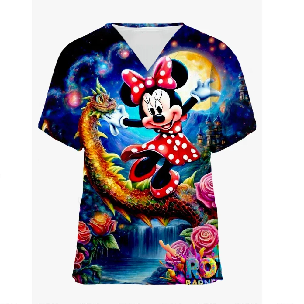 T-shirt V Neck Top Women 2024 Disney Shirts Pocket Woman Clothes Hospital T-shirts Minnie Mouse Tops Mickey Nurse Uniform Tees