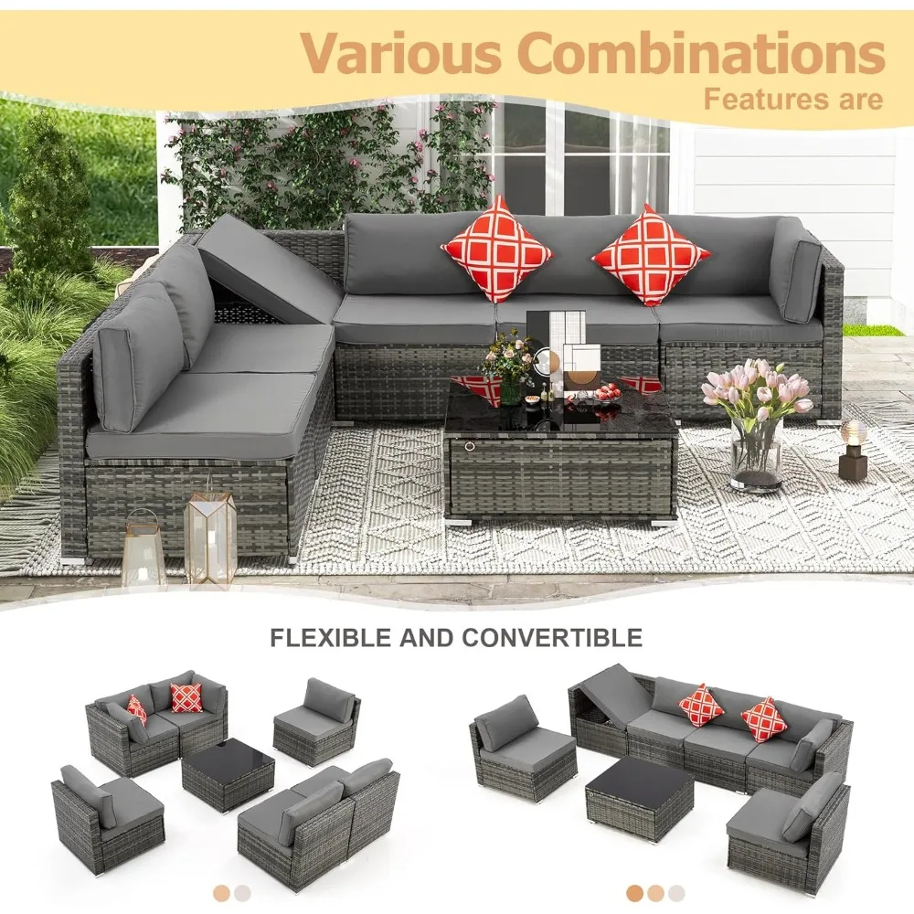 طقم أثاث فناء مكون من 7 قطع من الخيزران الرمادي مع دعامات قابلة للتعديل وأريكة مقطعية وطاولة لمنطقة المحادثة #3