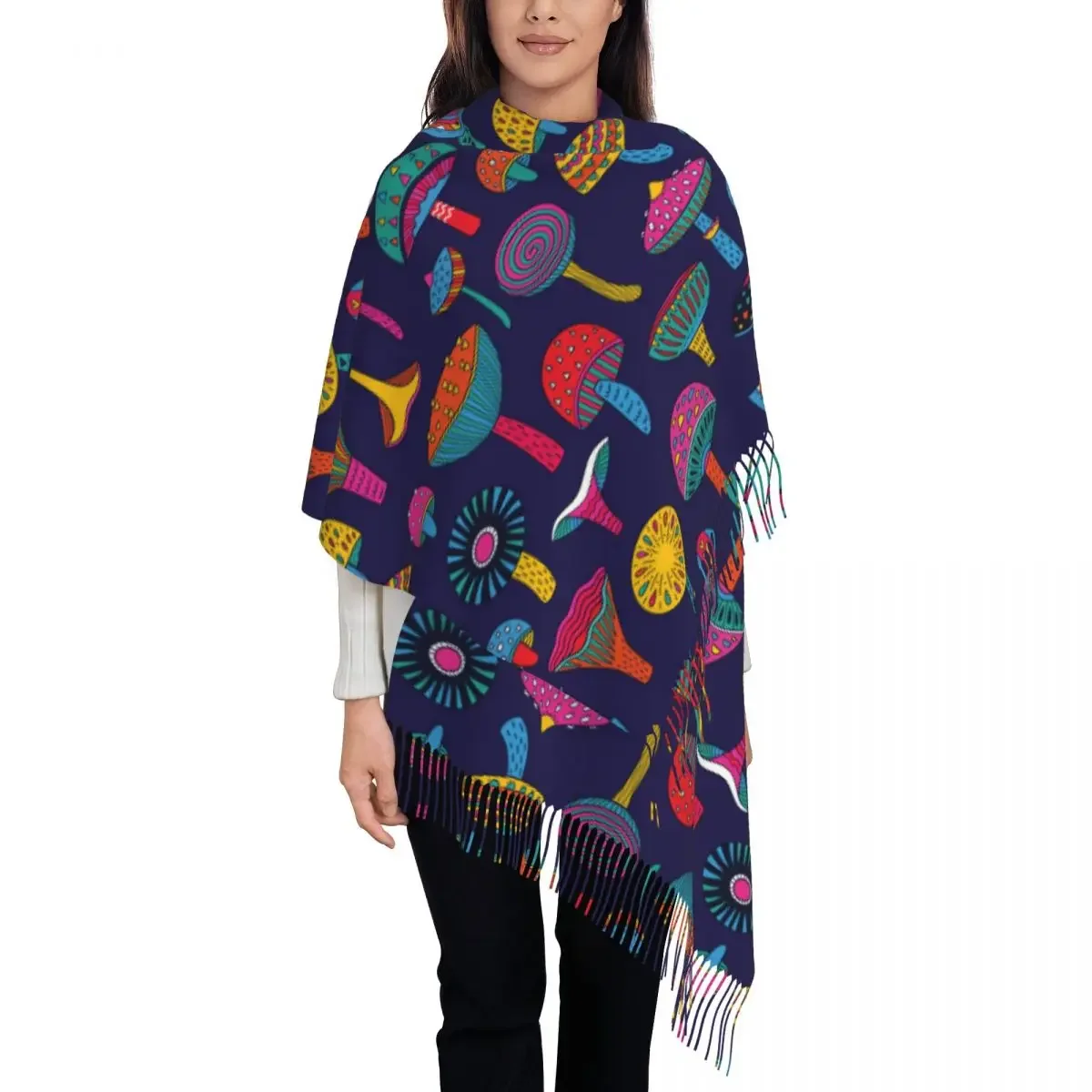 Womens Tassel Scarf Abstract Colorful Mushrooms Long Soft Warm Shawl and Wrap Ethnic Boho Reversible Pashmina Scarves