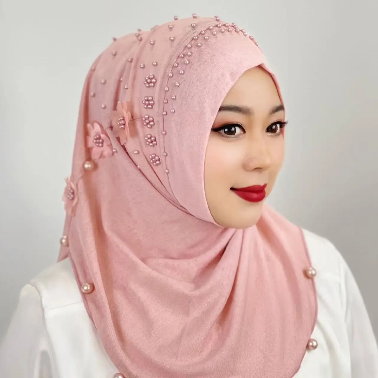 

Muslim Women's Hijabs Pink White with Beading Eid Prayer Headscarf Evening Party Luxury Dubai Saudi Islam Kufi Scarf