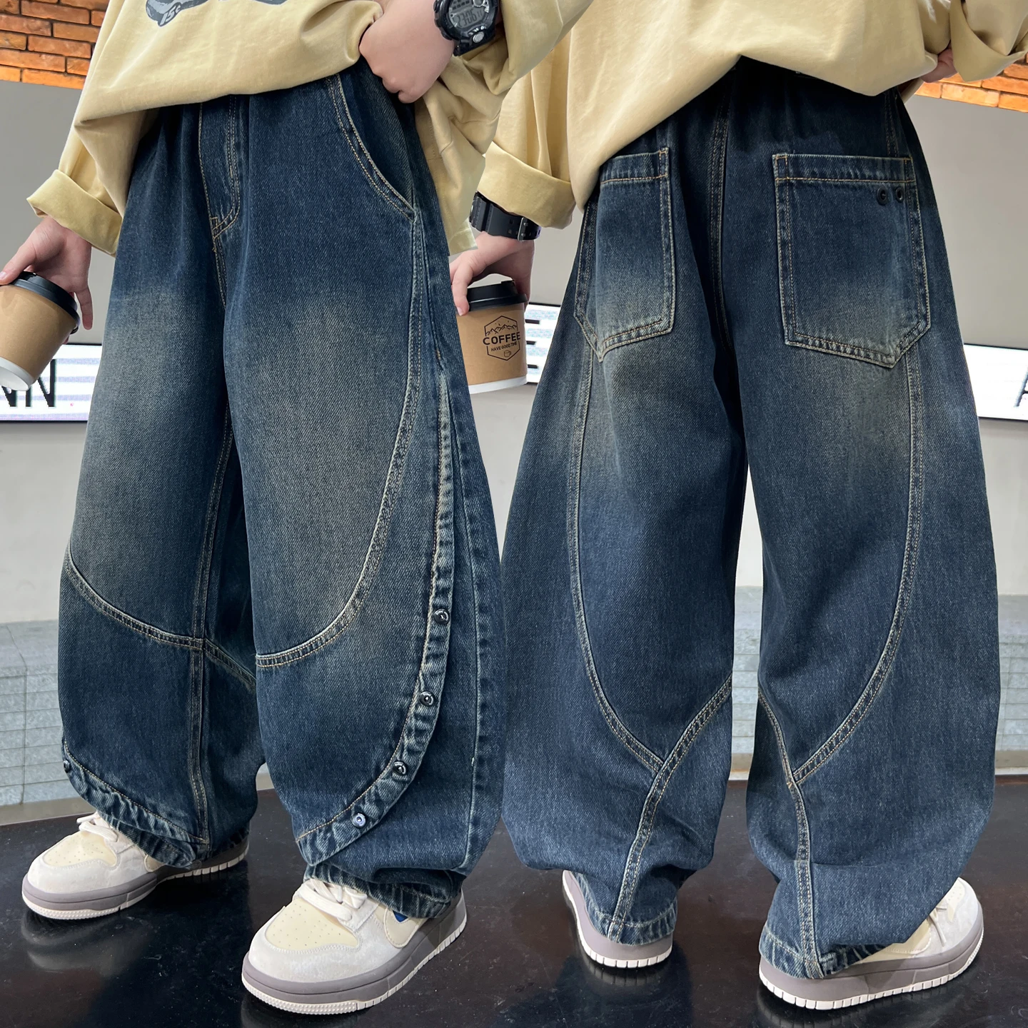

Kids Vintage Heavy Y2K Curved Jeans For Boy Harajuku Hip Hop Distressed Baggy Denim Pants Child Oversized Wide Leg Trousers