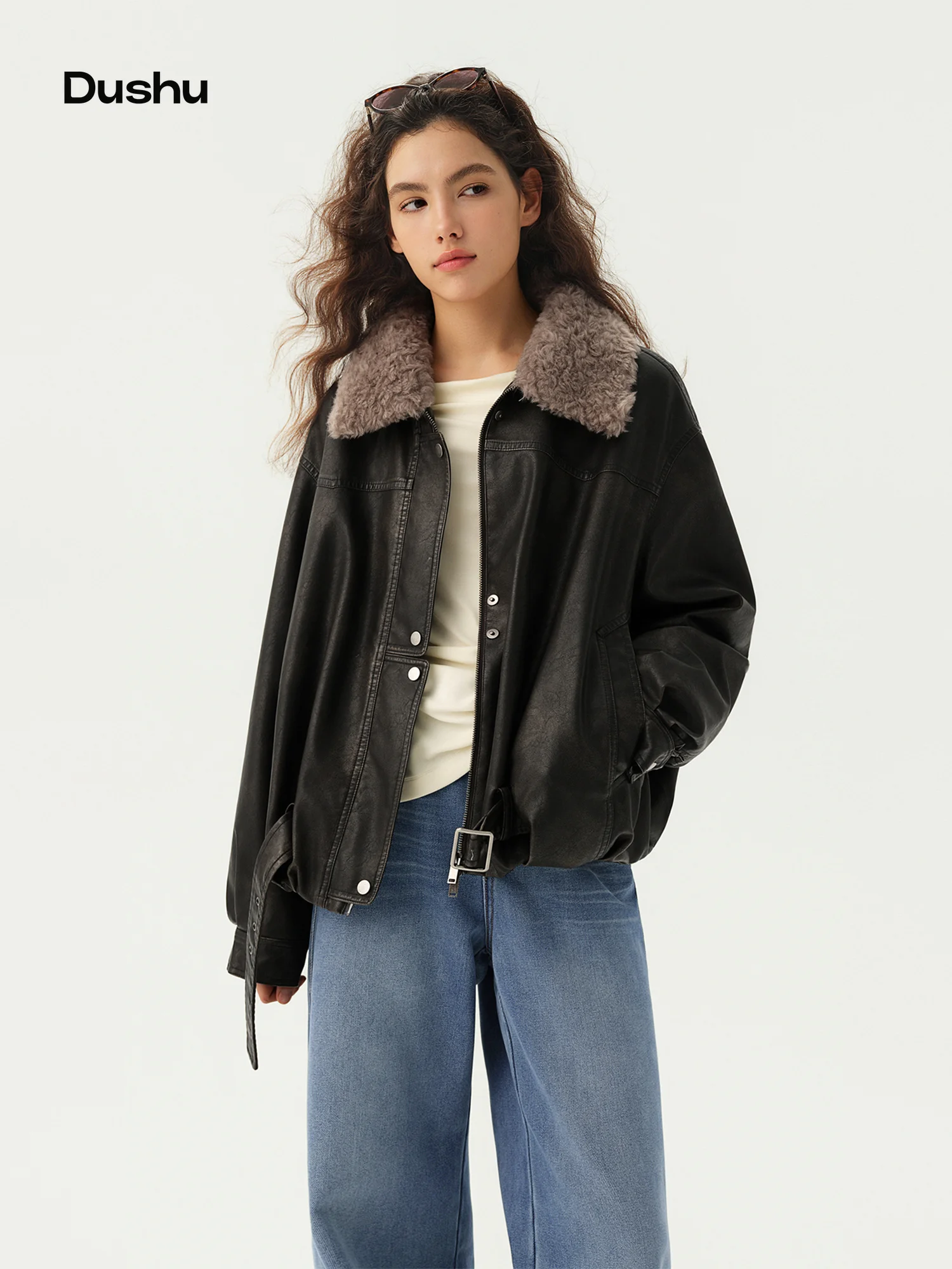 DUSHU American Vintage Biker-style Down Jacket Women Washed PU Leather Detachable Lining Winter Outerwear Warm