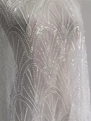 130cm European White Luxury Shell Wave Sequins Nail Beads Lace Fabric for Advanced Wedding Dresses