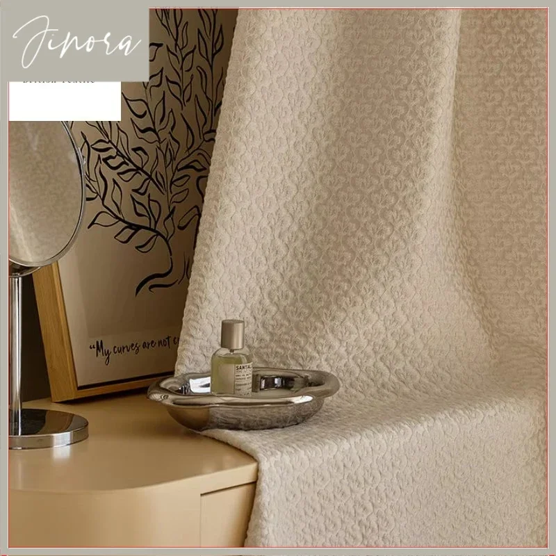 Nordic Curtains For Living Dining Room Bedroom Cotton Linen Jacquard Cream Small Leaf Blackout Finished Custom Home Decoration