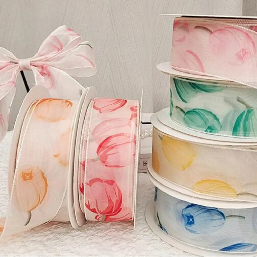 10Yards 4CM Tulip Flower Printed Gauze Organza Ribbon Bouquet Packaging Gift Box Wrap Bow DIY Clothing Straw Hats Decoration