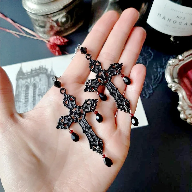 Dark Gothic Punk Black Cross Earrings for Men and Women High Quality Women's Halloween Cosplay Fashion Party Jewelry