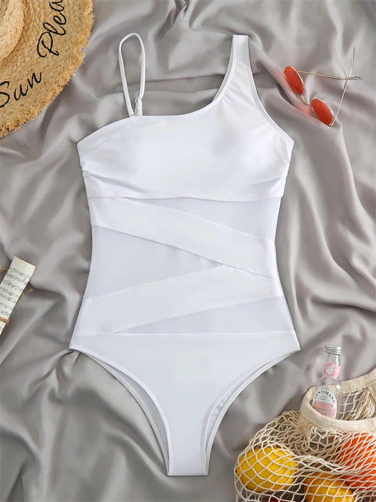 One Piece Swimsuit Women 2024 New Solid Sling Swimwear Mesh Sexy Bodysuit Monokini Summer Push Up Beach Wear Bathing Suit Female