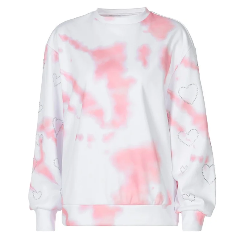 

2023 Woman Long Sleeve Tops Hoodies Heart Bronzing Diamond Valentine's Day Fashion Round Neck Tie-dye Loose Pullover Sweatshirts