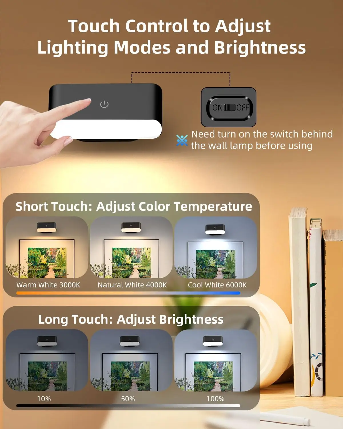 2 مصابيح حائط مغناطيسية LED أضواء ذكية USB ضوء ليلي قابل لإعادة الشحن مع جهاز تحكم عن بعد 3 أوضاع قراءة لغرفة النوم بجانب السرير